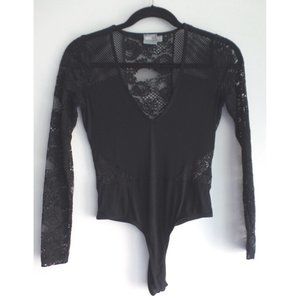 Asos Black V-Neck Thong Long Sleeve Lace & Fishnet Bodysuit, sz 4